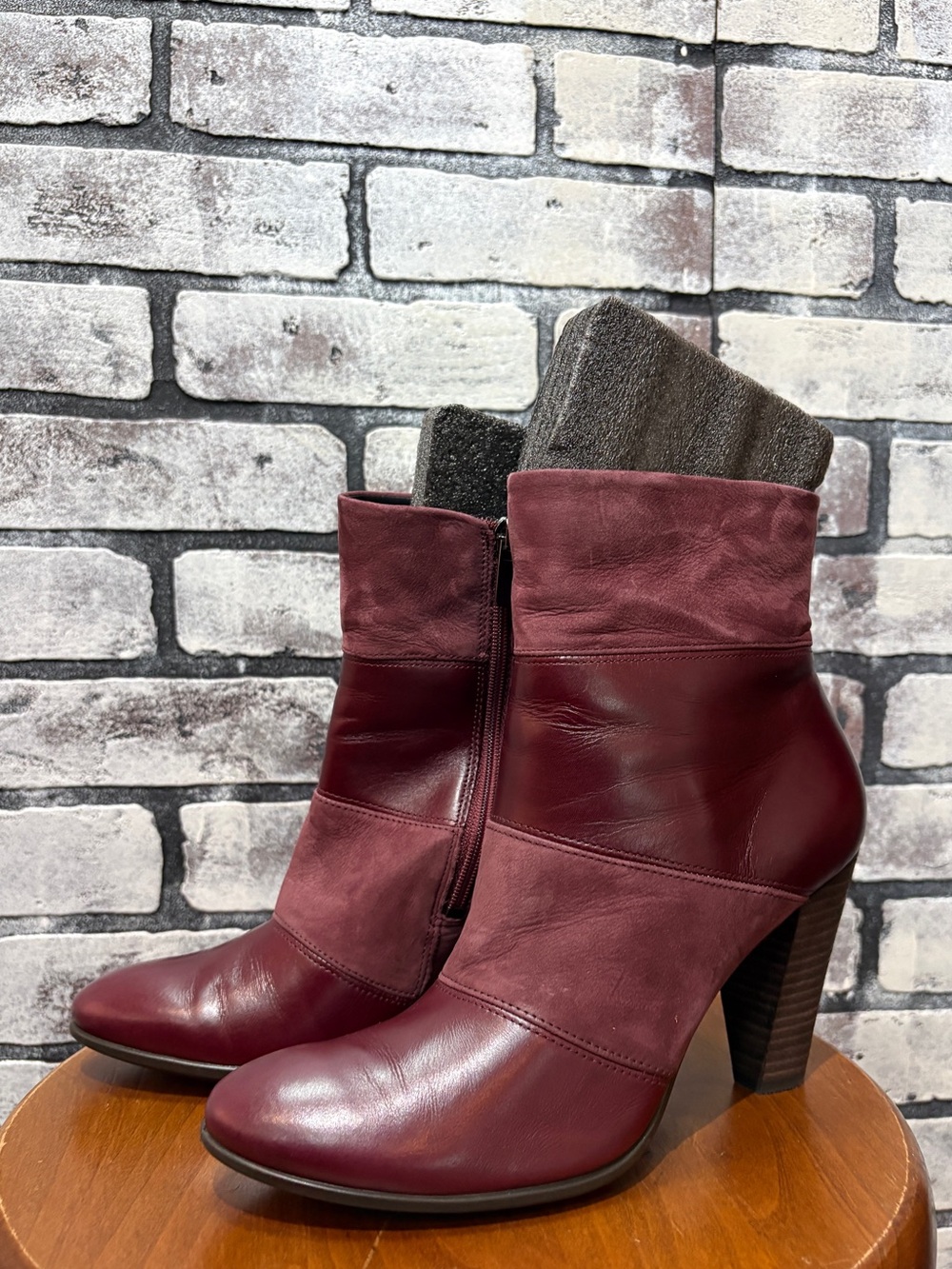Ecco Women's Burgundy Leather and Suede Block Heel Ankle Boots